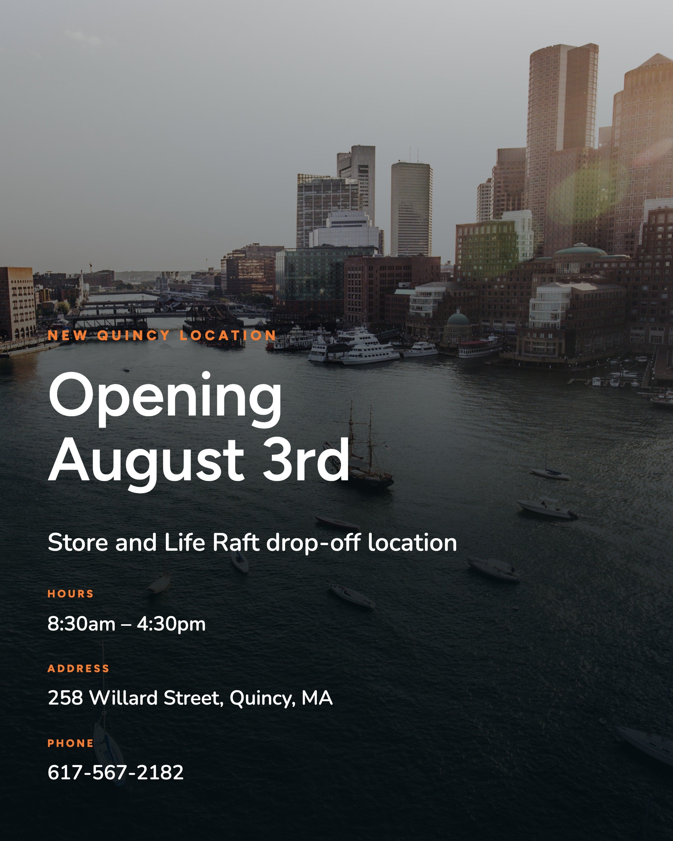Promotional graphic with a city waterfront skyline and boats on the water, overlaid with text announcing the opening of New Quincy Location on August 3rd, including hours and address details.