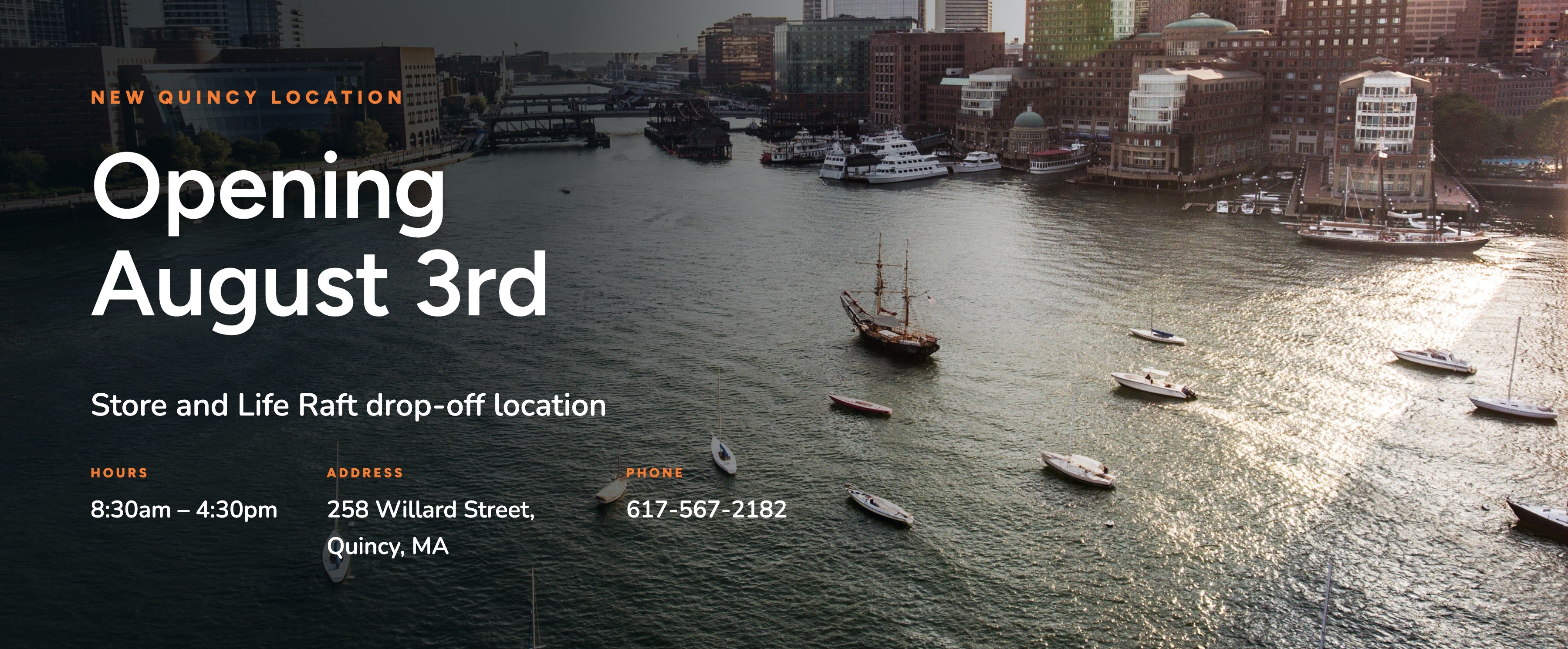 Promotional graphic for a New Quincy location featuring a harbor scene with boats and waterfront buildings, with large text reading 'Opening August 3rd' and store details below.